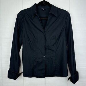 Anne Klein Black Cotton Long Sleeve Button Up V-neck Top Blouse 10